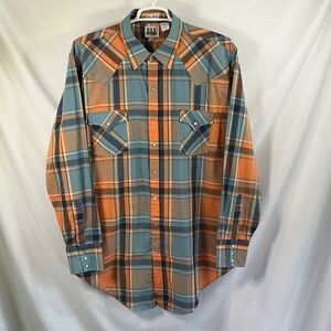 Ely Cattleman Button Up Shirt Teal & Orange Plaid Western Snap Size 2XL Tall